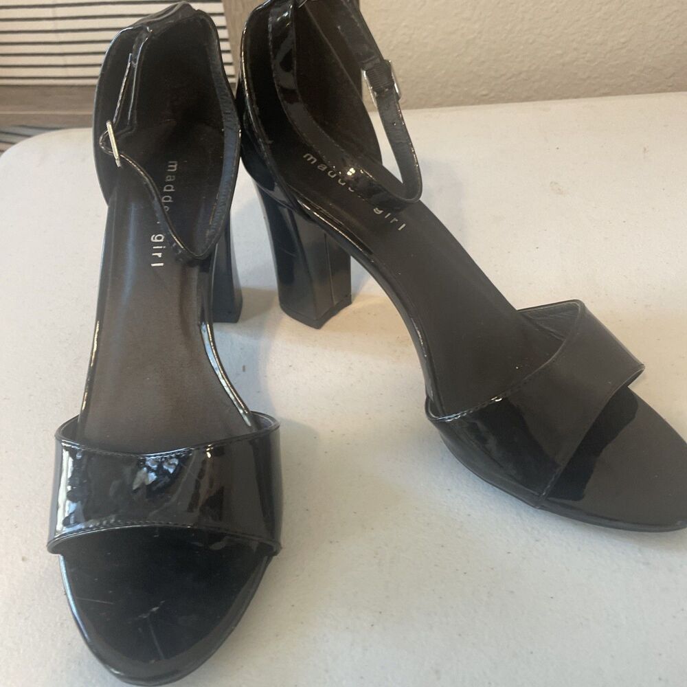 Madden Girl Black Patent Leather Platform Block Heel Ankle Strap Sandals 8.5